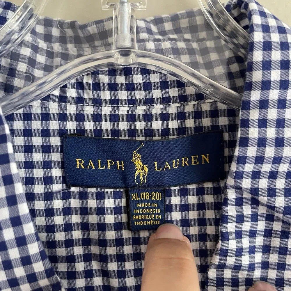 Ralph Lauren Boys Shirt Kids Size 18 20 Blue White Plaid Red Pony Long Sleeve